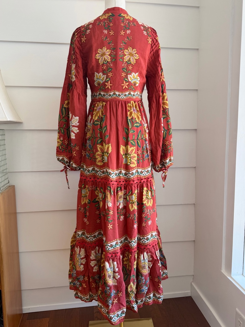 Farm Rio Red Garden Delight Long Sleeve Midi Dress size M runs small - Picture 10 of 13